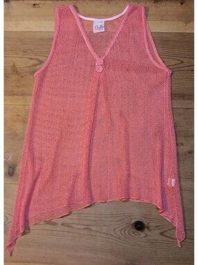 Vtg Noelle Cover Up Top Women L XL Mesh Sleeveless Coral Pink Tunic Sequin Sheer